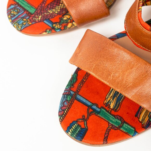 Hermes Brown Leather & Orange Printed-Silk Mule Sandals - Picture 8 of 11